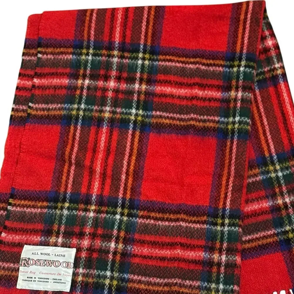 Vintage Tartan Plaid Rosewood 100% Wool Travel Rug Blanket Yorkshire England